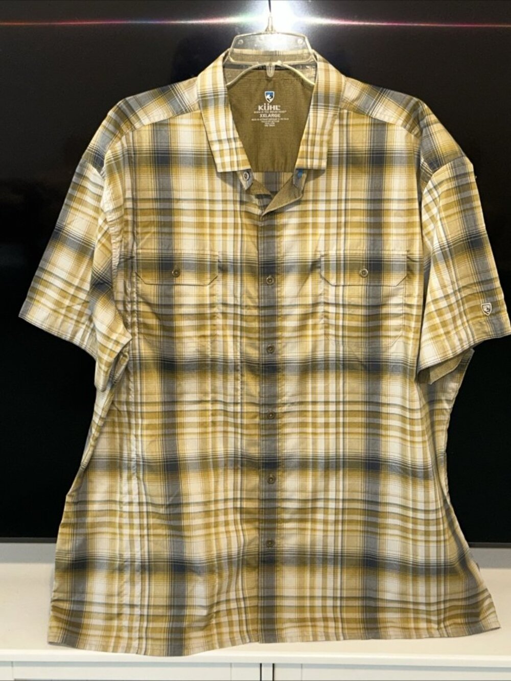 Kuhl Men’s XXL Yellow Gray Plaid Short Sleeve Outdoor Shirt See Photos Flaw